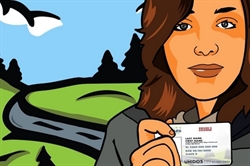 [ai] A person holding an identification card in front of a stylized landscape with trees and a river. The background features a blue sky with clouds, emphasizing an outdoor theme.